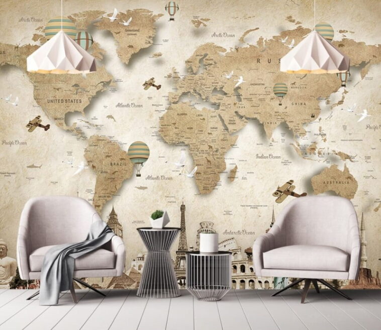 3d looking continents and famous city buildings wallpaper