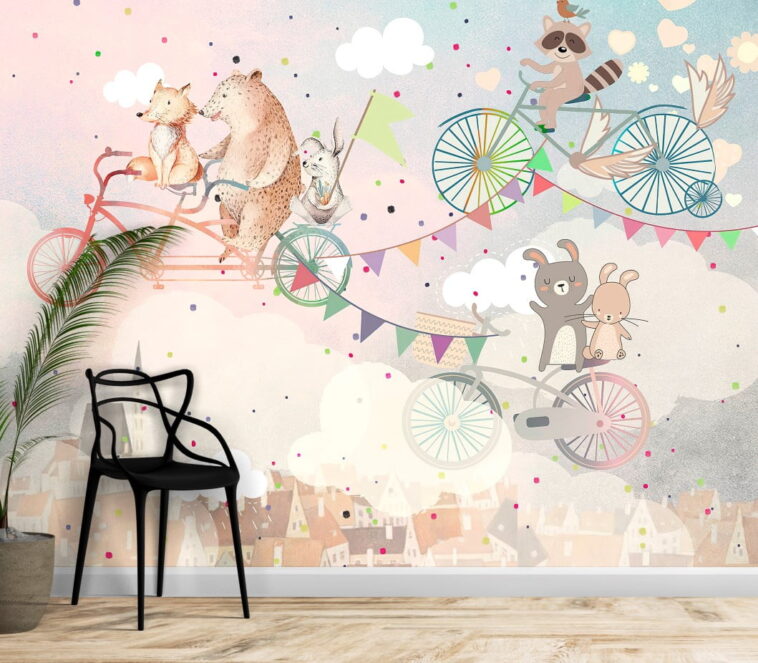 bear rabbit and fox on the bicycle in sky wallpaper