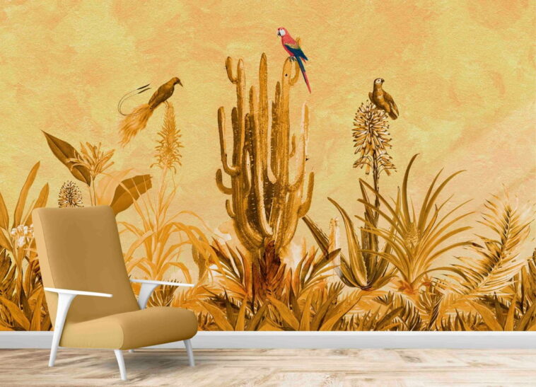 big desert plants cactus and parrot wallpaper