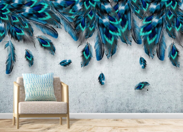 blue green large feathers falling from above wallpaper