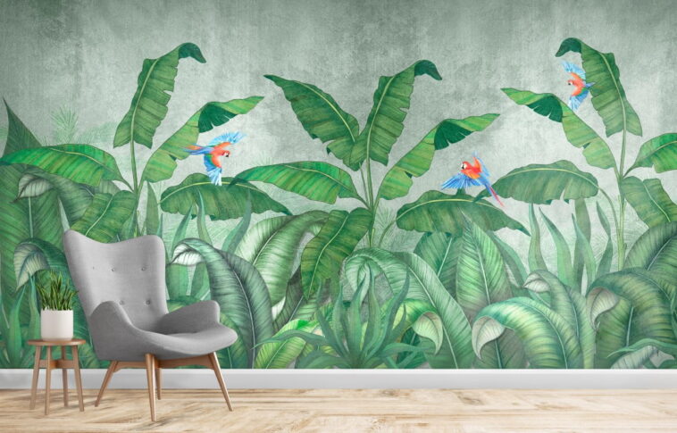 flying parrots green tropical leaves in rainforest wallpaper