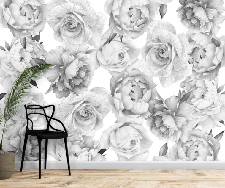 gray and white roses retro floral wallpaper