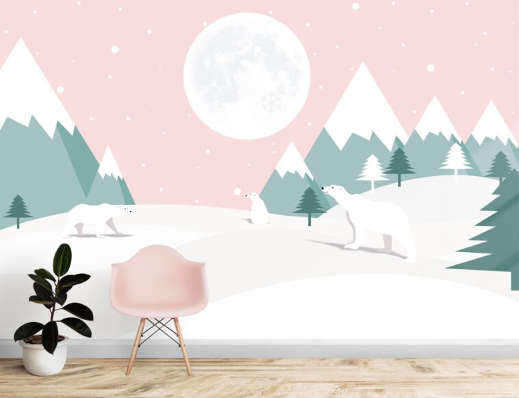 polar bears mountains and moon in the pink sky wallpaper