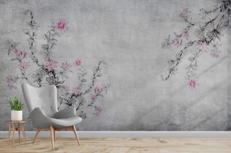 abstract pink flowers on gray concrete wallpaper