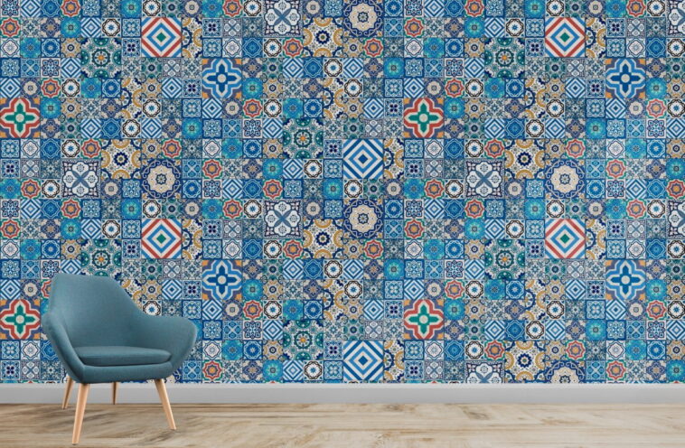 arab motif blue square design modern wallpaper
