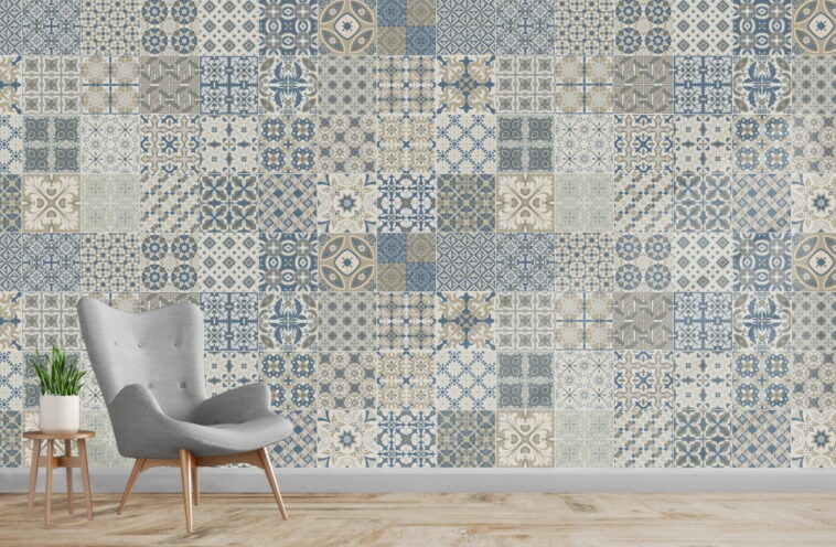 arabic and moroccan style blue beige square design wallpaper