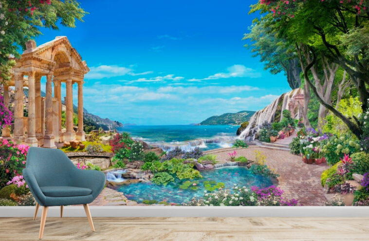 beautiful sea view from a roman garden with flowers wallpaper