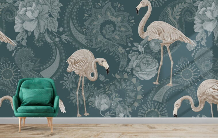beige flamingo design with traditional motifs wallpaper