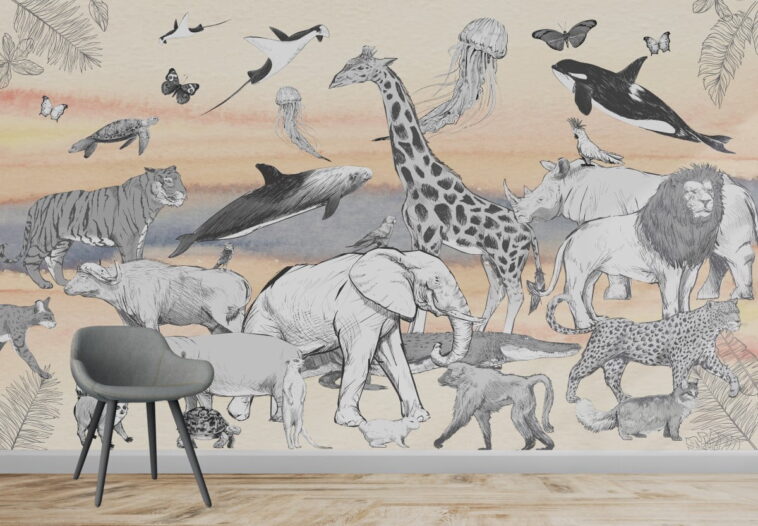 black white wild animals lion giraffe elephant wallpaper