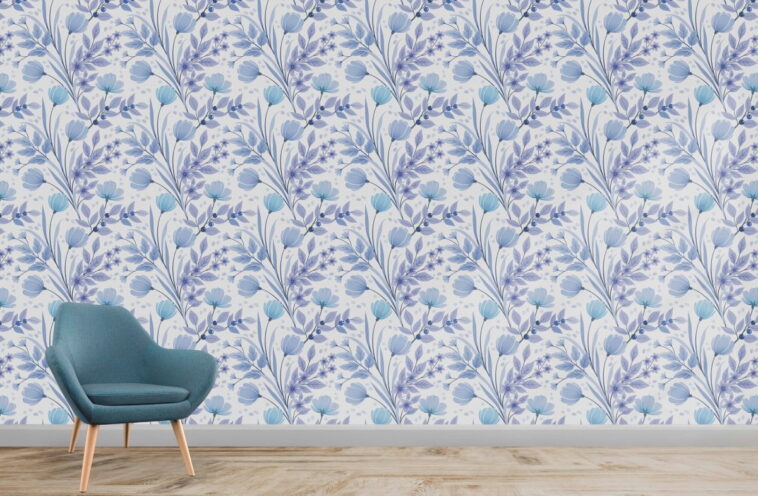 blue monochrome floral pattern wallpaper