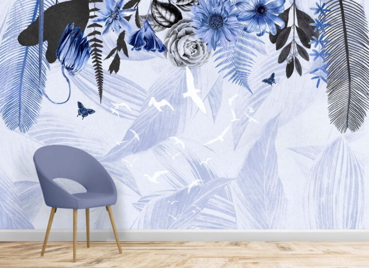 blue sunflower feather abstract floral wallpaper