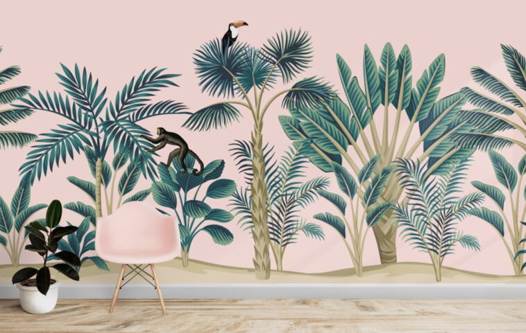 botanical plants monkey bird on pink background wallpaper