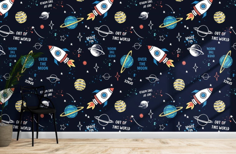 cartoon space rockets elements stars planets wallpaper