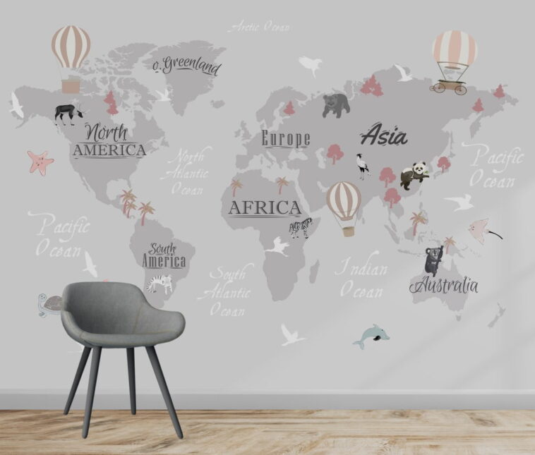 continental and ocean names with animals world map wallpaper