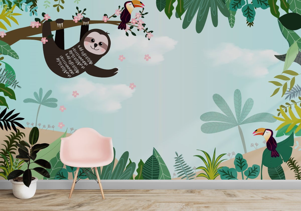 Cute Cartoon Monkey and Parrot in Tropical Jungle Wallpaper