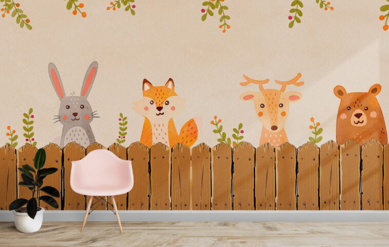 cute rabbit fox deer bear behind the fence wallpaper