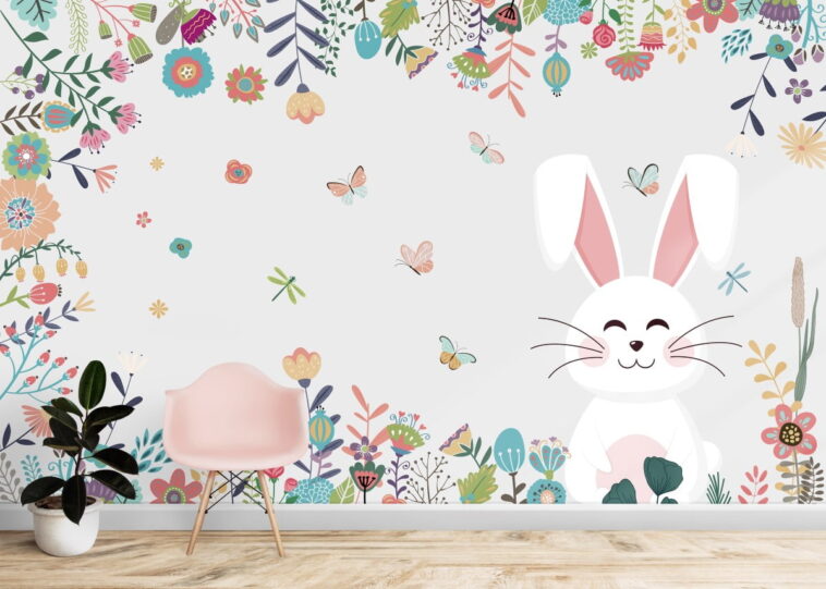 cute white rabbit and colorful garden flowers wallpaper