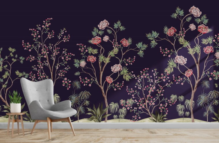 exotic chinoiserie rose on navy blue background wallpaper