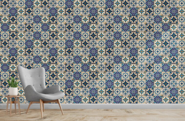 fas motif blue beige square design wallpaper