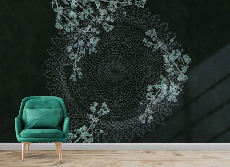 flowers on mandala ring dark green vintage style wallpaper