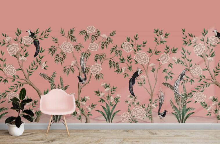 garden plants and flowers on the pink background wallpaper