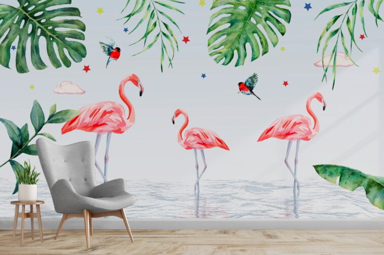 green tree leaves and pink flamingos wallpaper