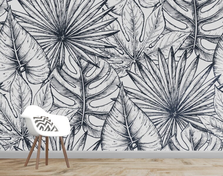 hand drawing black white leaves floral wallpaper