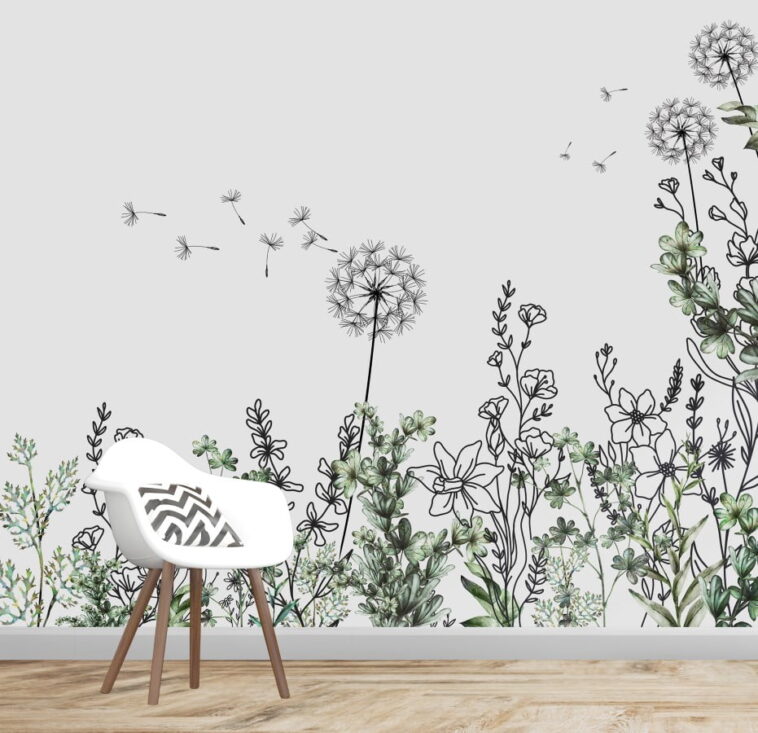 hand drawn abstract garden plants and flowers wallpaper