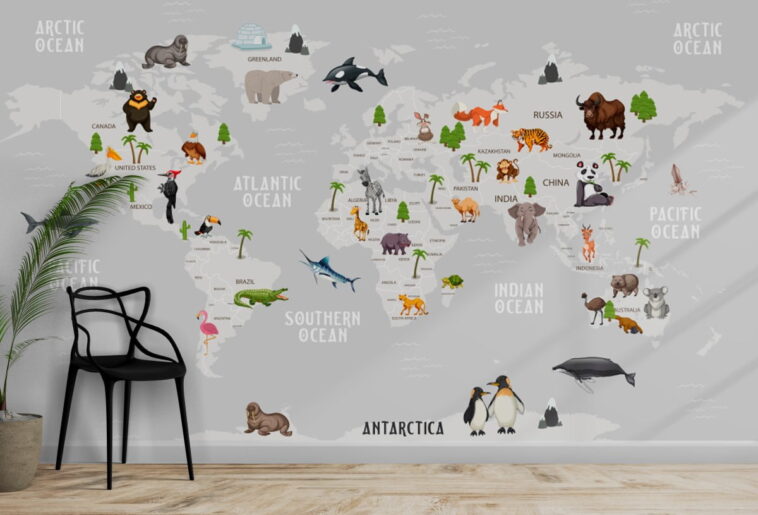 map of the world over the gray ocean with animals wallpaper