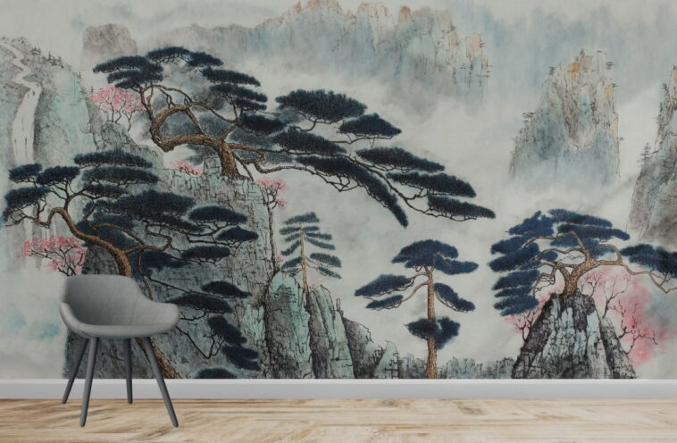 misty mountains of pine and wild plum wallpaper