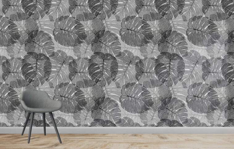 monochrome black and gray leaves wallpaper