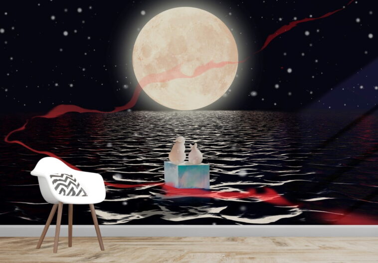 moonlight and rabbits sea night decor wallpaper