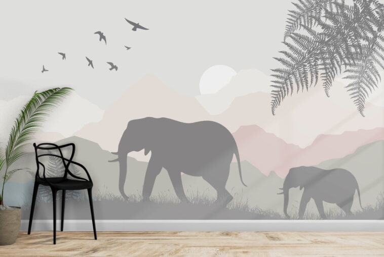 mother and baby elephant family abstract mountains wallpaper