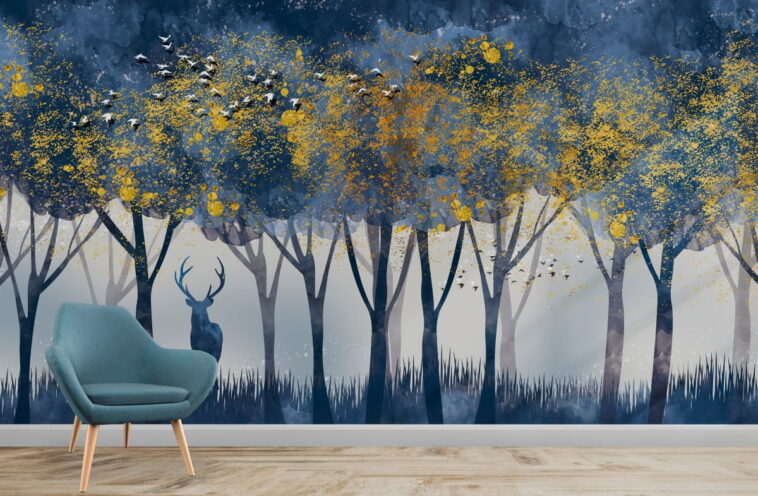navy blue forest deer and christmas trees wallpaper
