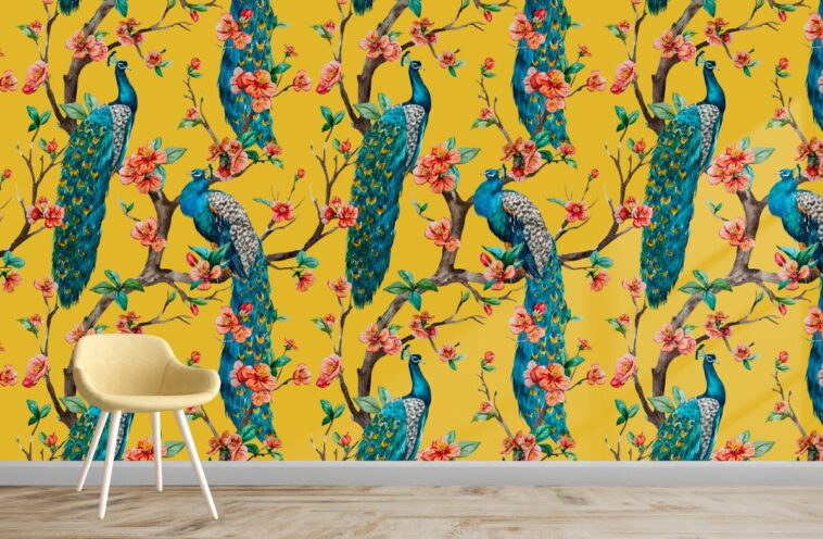 peacock and tree cherry on dark yellow background wallpaper
