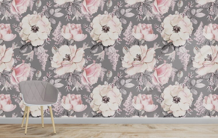 pink and beige flowers on dark gray background wallpaper
