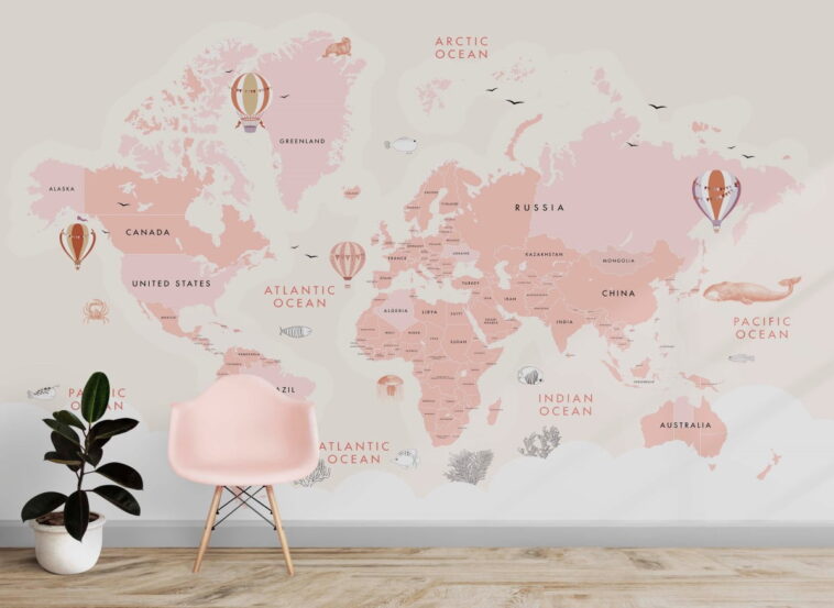 pink world map with animals and clouds wallpaper