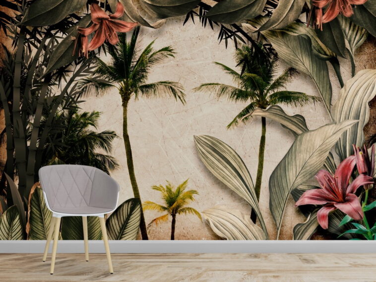 realistic looking tropical jungle plants wallpaper