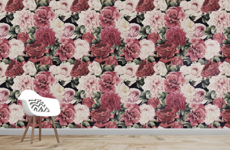 red pink and white roses floral luxury wallpaper