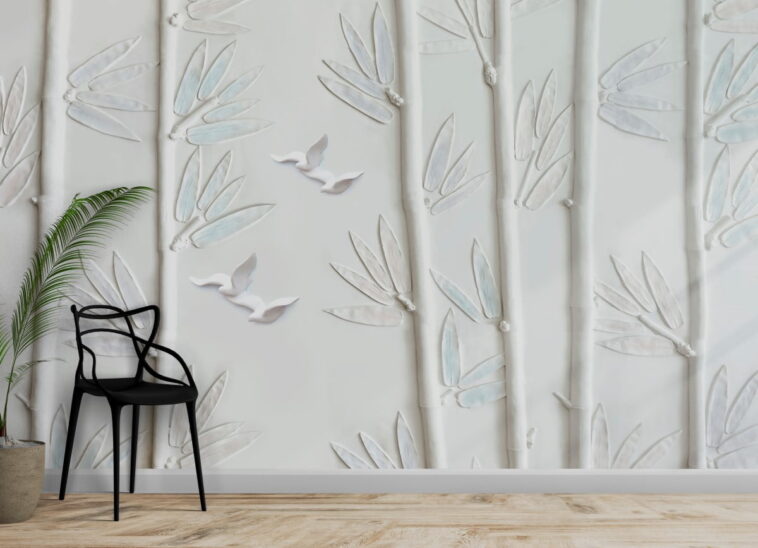 relief looking long tree trunks white bird wallpaper