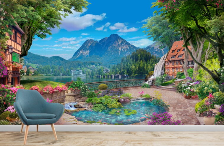 the lake and mountains from the blooming garden wallpaper