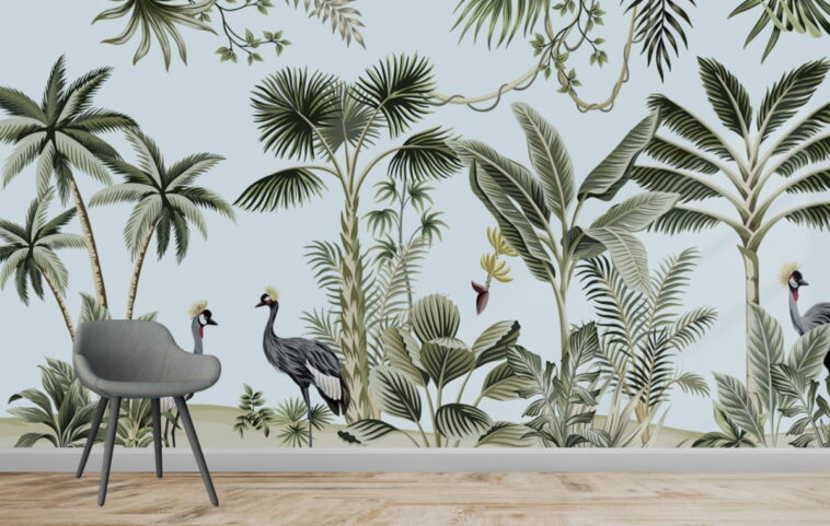 tropical animals banana palm trees blue wallpaper