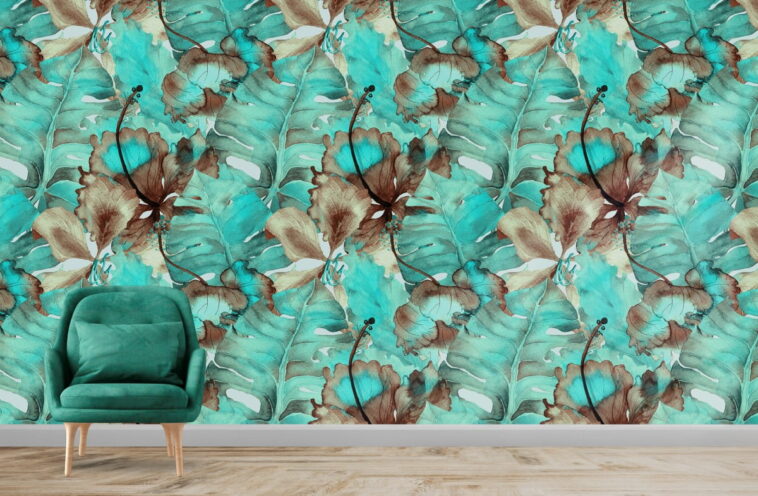 turquoise green and brown banana palm leaves wallpaper