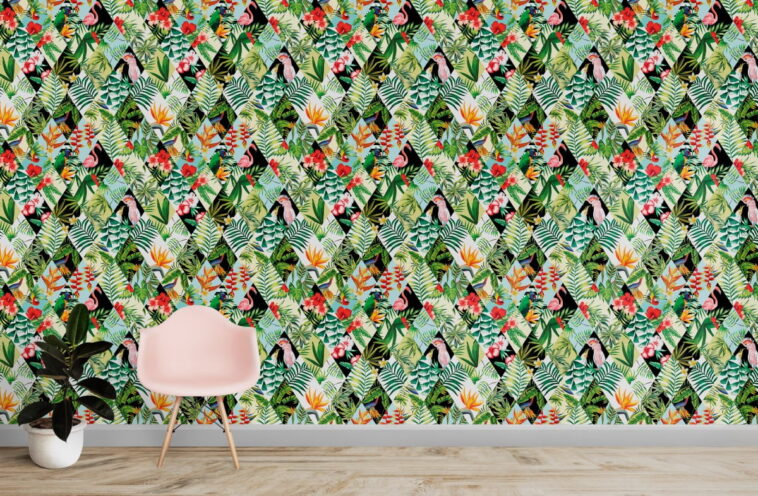 vivid multicolor leaves and animals exotic floral wallpaper