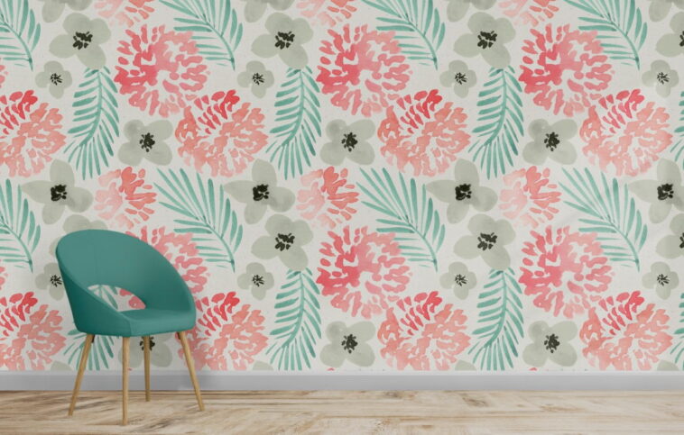 watercolor pink green flowering design wallpaper