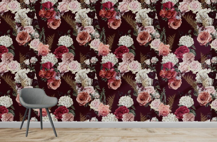 watercolor red pink white roses floral vintage wallpaper