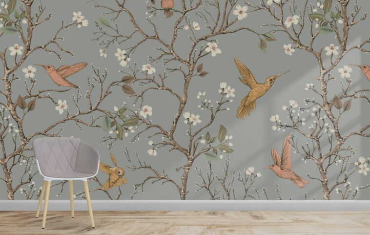 yellow pink birds on the gray background wallpaper