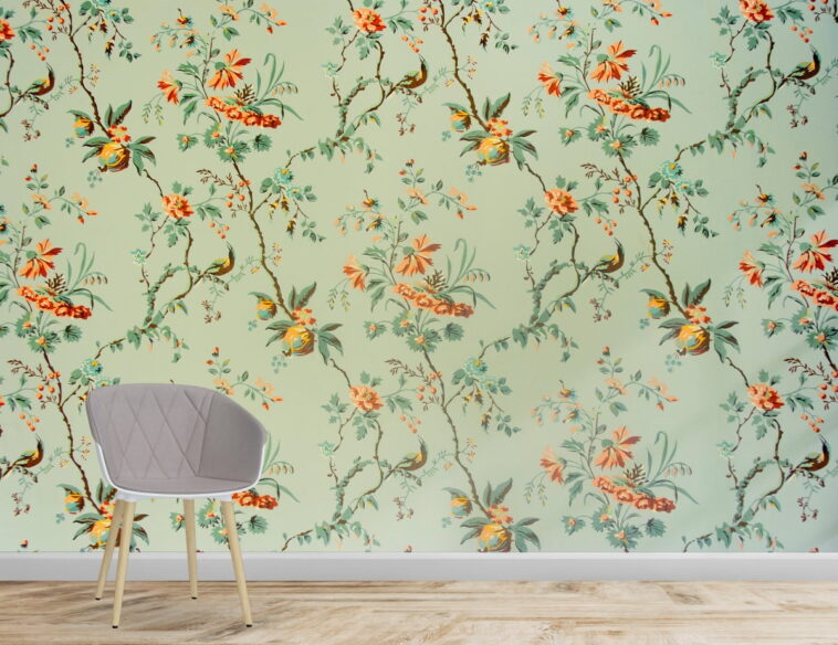 18th century floral pattern on green background wallpaper
