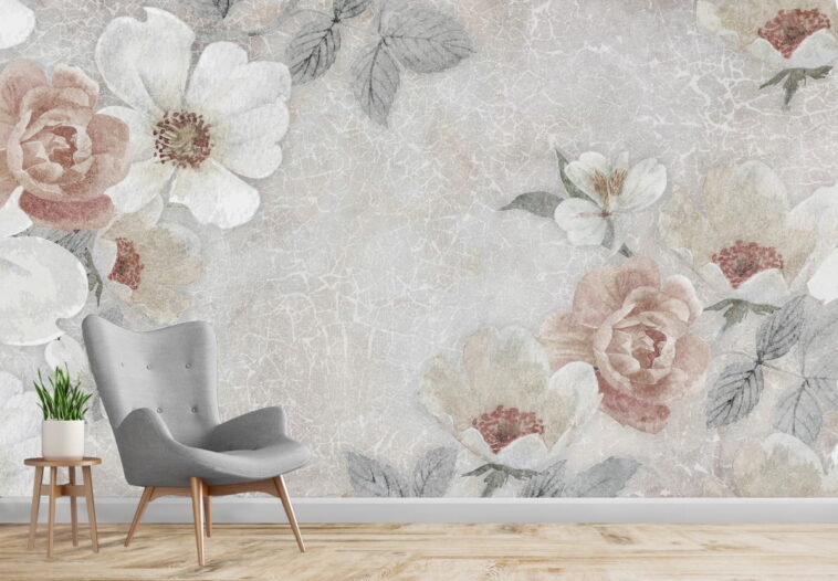 abstract flowers on the crackle wall background wallpaper
