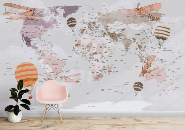 air balloons and small planes world map wallpaper